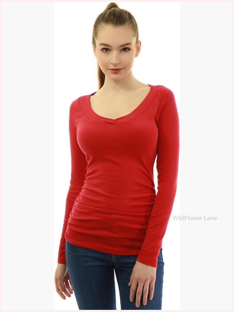 V Neck Long Sleeve Ruched Sides Top Slim Fit